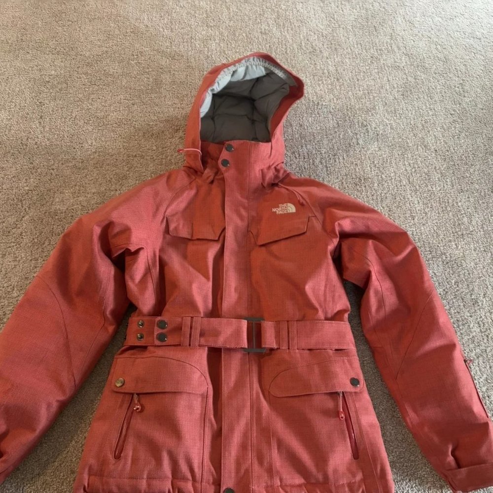 North Face Hyvent Jacket Parka Women’s Small S Coral Orange Belted 600 Hood Ski
